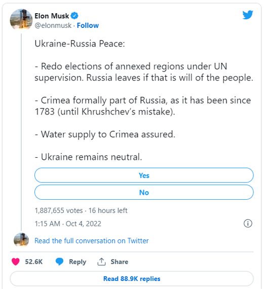 일론 머스크 테슬라 최고경영자(CEO)가 우크라이나 전쟁과 관련해 3일(현지시간) 올린 트윗.(트위터 캡처)