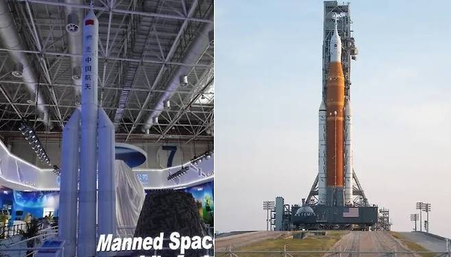 중국이 달 착륙을 위해 개발중인 차세대 유인 발사체 모형(왼쪽)과 미국의 달 착륙 프로그램에 따라 개발된 아르테미스 1호(오른쪽). CASC/미국항공우주국