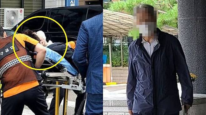 (왼) 지난 4일 검찰 대질조사 전 친부에게 폭언과 폭행을 당한 충격으로 병원에 이송되는 박수홍. (오) 같은 날, 검찰에 출석하는 박수홍의 친부. (사진=SBS 연예뉴스 강경윤 기자)