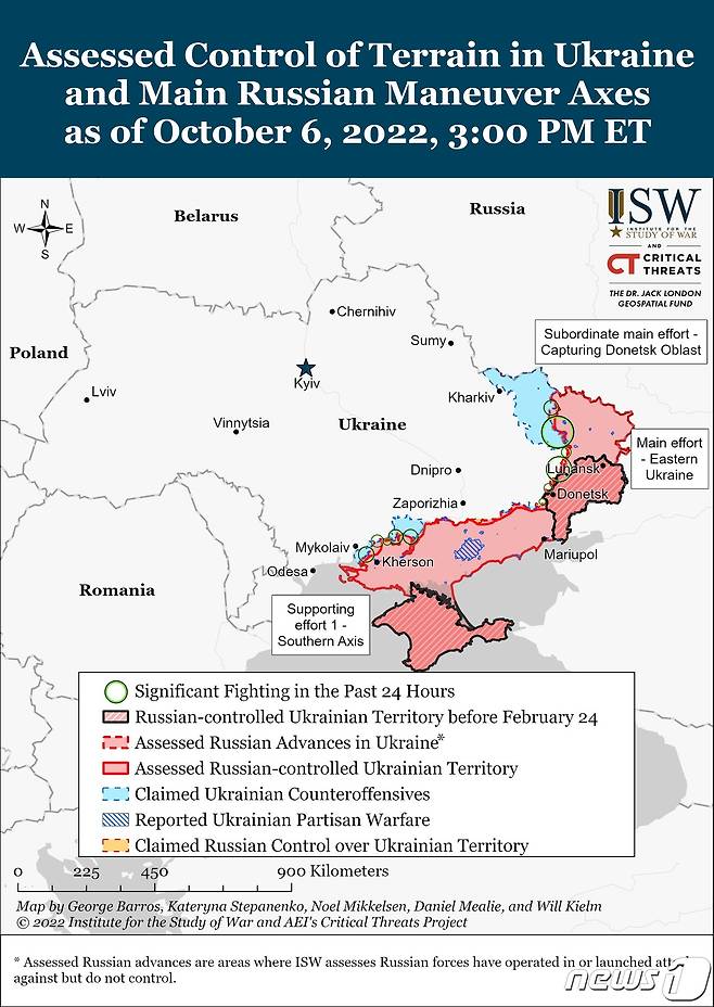 미국 전쟁연구소가 6일(현지시간) 발표한 우크라이나 전황.2022.10.06/뉴스1