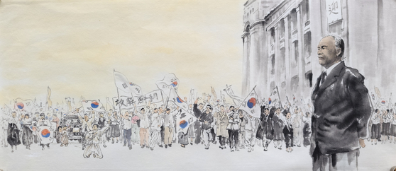 1945년 8월 15일 조선총독부 앞에서 해방을 만끽하는 시민들을 배경으로 서 있는 몽양 여운형의 모습을 그린 그림. [그림 수묵화 작가 유준]