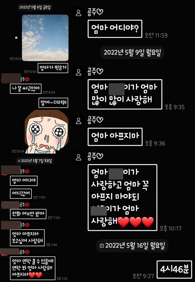 B씨 유족 측이 공개한 B씨와 딸의 카카오톡 대화 내용.