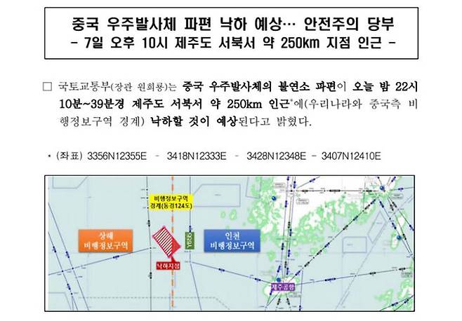한국 정부는 지난 7일 중국의 우주발사체 파편이 제주도 서북쪽 250km 해역에 떨어질 수 있다며 안전 주의를 당부했다.
