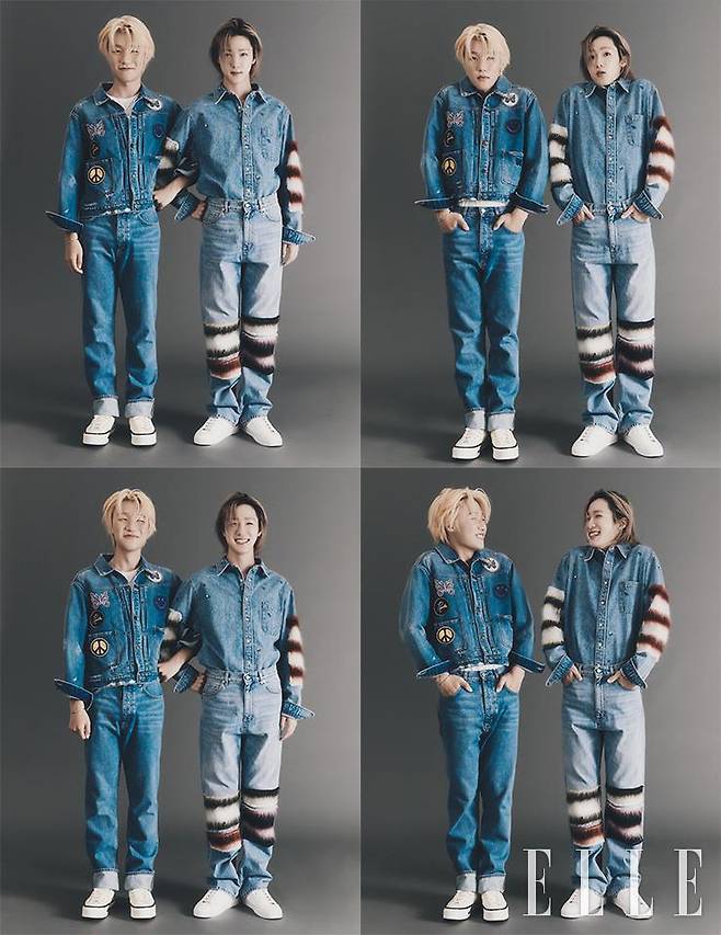 종섭이 입은 데님 재킷은 Needles by Fredsegal. 팬츠는 Cos. 슈즈는 Coverse. 소울이 입은 데님 세트업은 Marni by g.street494. 슈즈는 Converse.