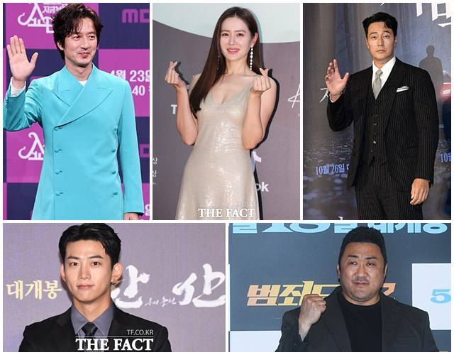 오는 18일 창립 20주년을 맞는 <더팩트>에 축하 인사를 한 배우 정준호 손예진 소지섭 마동석 옥택연(위 왼쪽부터 시계방향. /더팩트 DB