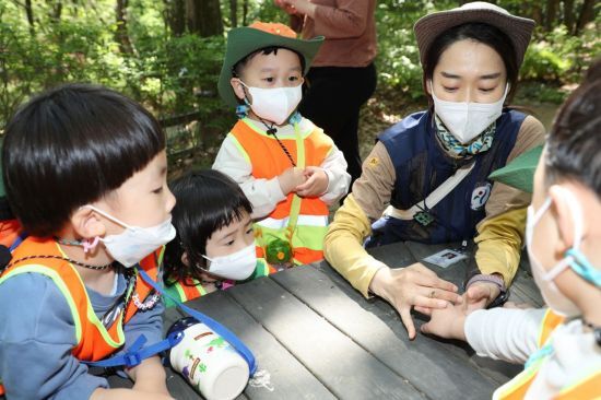 유아숲체험을 하고있는 아이들