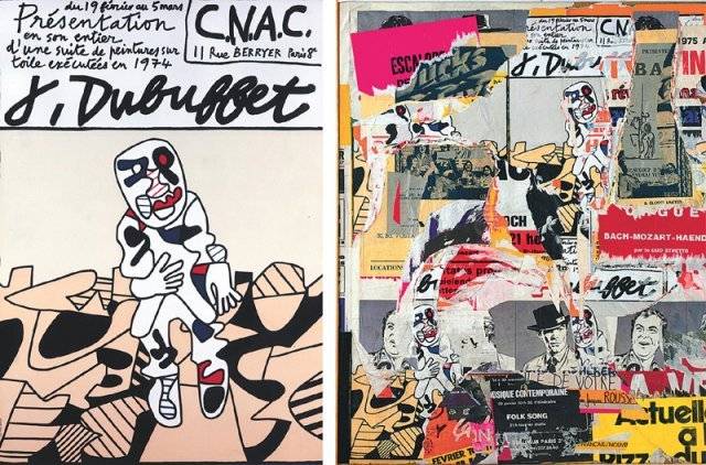 1975년 열린 뒤뷔페 개인전 ‘장 뒤뷔페: 카스틸라의 풍경―삼색의 지역’ 포스터(왼쪽 사진). 빌레글레의 벽보 작품 ‘카르푸 몽마르트르-랑뷔토’(1975년). 뒤뷔페의 전시 포스터를 활용했다. 소마미술관 제공