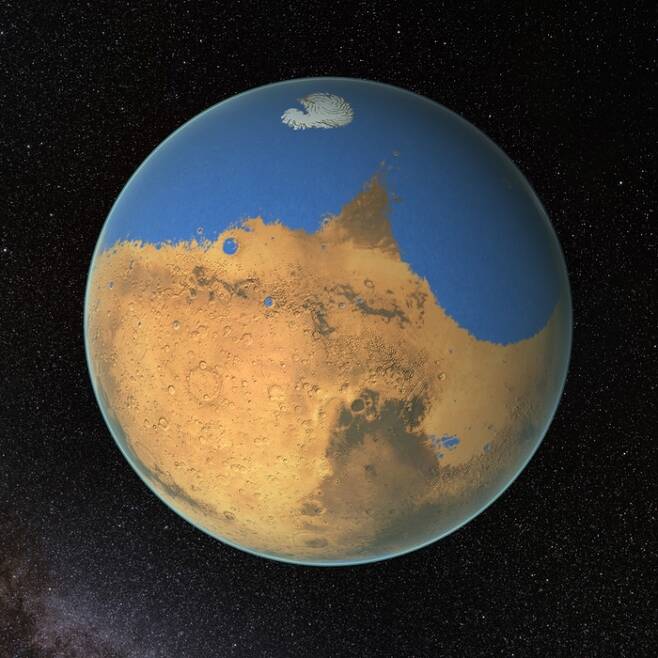 지금으로부터 37억년 전을 전후한 화성의 상상도. 넓은 바다가 분포하고 있다. 미국 항공우주국(NASA) 제공