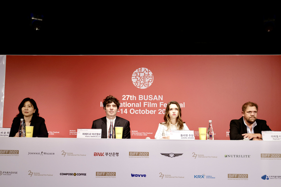 From left, BIFF programmer Seo Seung-hee, director Pietro Marcello, actors Juliette Jouan and Raphael Thierry attend a local press event at KNN Theater in Busan for this year's BIFF. [BIFF]