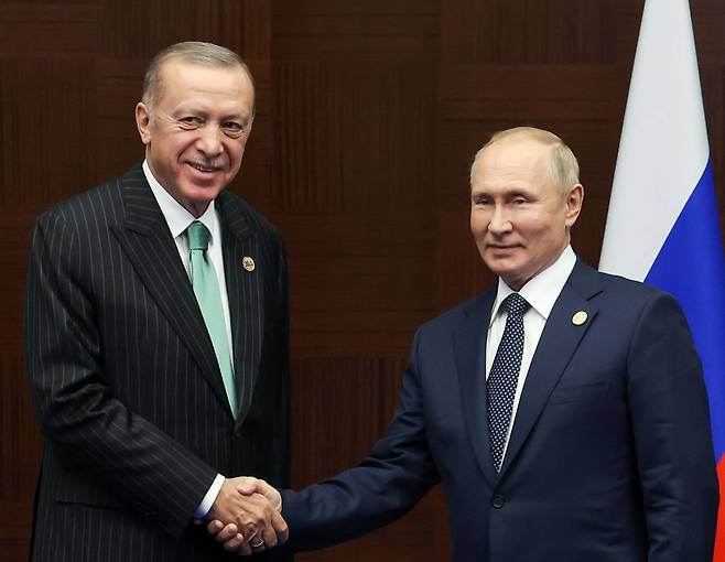 블라디미르 푸틴오른쪽) 러시아 대통령이 13일 카자흐스탄 수도 아스타나에서 아시아교류·신뢰구축회의(CICA) 제6차 정상회의를 계기로 열린 양자회담에 참석해 레제프 타이이프 에르도안 튀르키예(터키) 대통령과 악수하고 있다.
