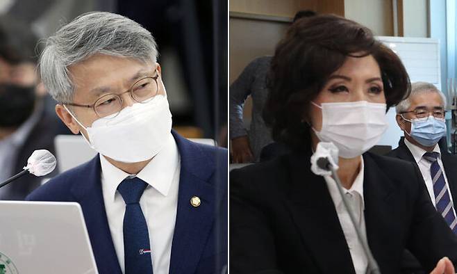 무소속 민형배 의원(왼쪽), 이진숙 충남대 총장. 연합뉴스