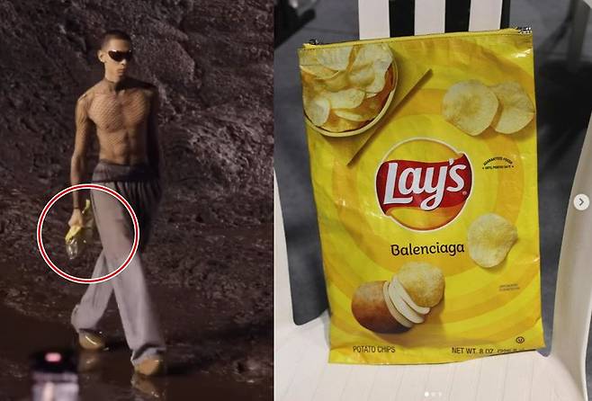 발렌시아가가 미국 유명 갑자칩 레이즈(Lays)와 협업한 클러치백. (왼쪽) 발렌시아가 2023년 여름 컬렉션에서 한 남성 모델이 해당 클러치백을 들고 워킹을 선보이고 있다./발렌시아가 크리에이티브 디렉터인 뎀나 바잘리아 인스타그램