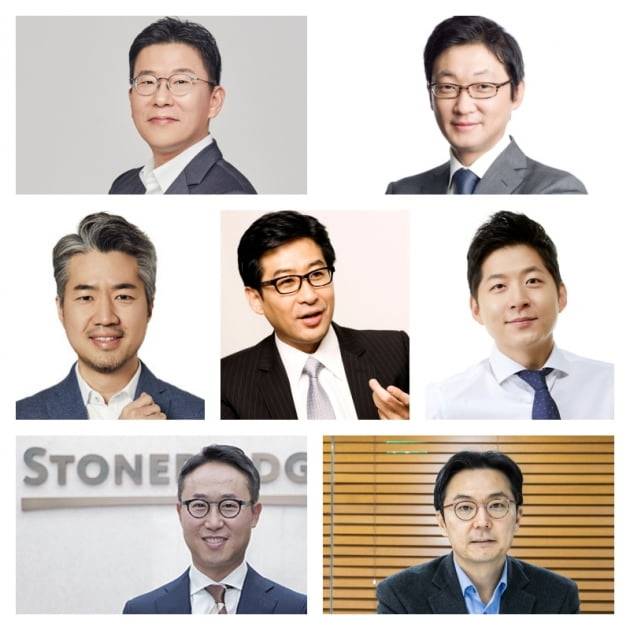 스타트업 생태계 성장을 이끈 소프트뱅크 출신 인맥. 왼쪽 윗줄부터 이강준 두나무앤파트너스 대표, 문성욱 시그나이트파트너스 대표, 임정민 시그나이트파트너스 상무, 문규학 비전펀드 매니징파트너, 정지우 블랭크코퍼레이션 부사장, 유승운 스톤브릿지 대표, 김동환 하나벤처스 대표