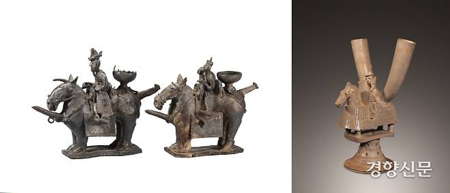 고고학 발굴현장에서 흔히 볼 수 있는 흙으로 빚은 그룻, 즉 도기(질그릇 혹은 토기) 가운데 단 3건만이 국보로 지정되어 있다. 이중 말을 탄 사람을 빚은 기마인물형 도기가 2건 3점이 포함되어 있다. 왼쪽은 1924년 경주 금령총에서 출토된 신라산 ‘도기 기마인물형 명기(무덤 부장품)’이고, 오른쪽은 김해 덕산리 출토품으로 알려진 가야산 ‘도기 기마인물형 뿔잔(각배)’이다.|국립중앙박물관·국립경주박물관 제공