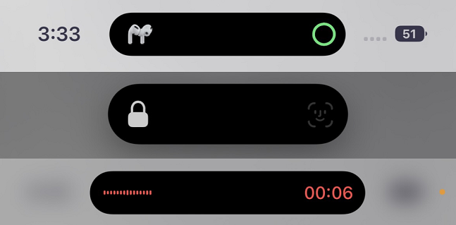 에어팟을 연동하거나 잠금화면을 풀 때, 녹음을 할 때 다이내믹 아일랜드가 구현됐다./사진=아이폰14 프로 캡처