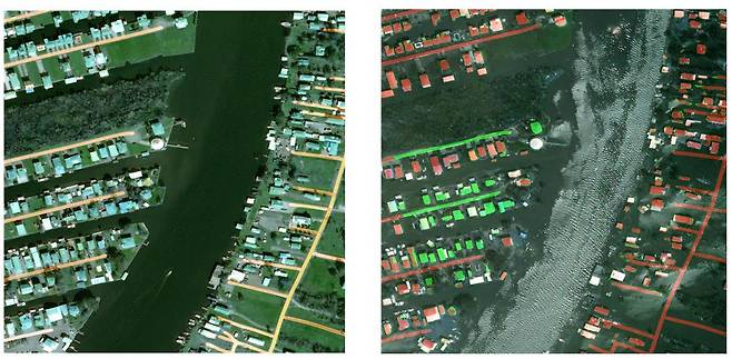 인공지능은 홍수 발생 전(왼쪽)과 후(오른쪽)에 촬영한 미국 루이지애나주의 위성영상으로 피해를 파악하고 최적 대피경로를 제시했다. 홍수 전 영상에서 건물과 도로가 각각 파란색과 노란색으로 표시됐다. 홍수 후 영상에서 붉은 색은 침수지역이다./한국항공우주연구원