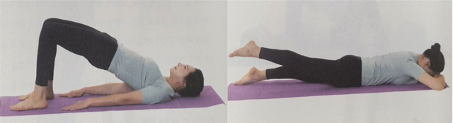 엎드려 한 발 들기(왼쪽), 누워서 엉덩이 들기(오른쪽)./사진=《백년 쓰는 관절 리모델링》