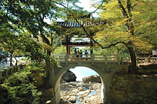 A stone bridge blends in with the ginkgo trees at Cheoneunsa in Gurye, South Jeolla Province, on Oct. 16. (Lee Si-jin/The Korea Herald)