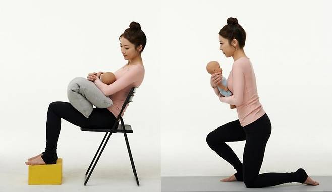 바른 체형을 유지할 수 있는 수유자세와 아기 안기 자세. 수유할 때는 몸을 숙이지 않도록 발받침을 하고, 아기를 안을 때는 몸 가까이 붙인다.&nbsp;리셋재활의학과 제공