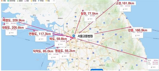 인천 도서 지역과 강원도 일부 지역의 서울고등법원과의 직선거리 비교.|인천시 제공