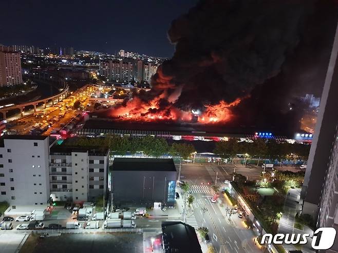 25일 오후 8시17분쯤 대구 북구 매천시장에서 원인을 알 수 없는 불이 나 소방당국이 대응 2단계를 발령하고 소방차 44대와 대원 120명을 투입해 진화 중이다. (대구소방안전본부 제공) 2022.10.25/뉴스1 ⓒ News1 이성덕 기자