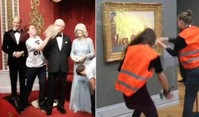 저스트 스톱 오일 소속 회원들이 24일 세계적 밀랍인형 전시관인 마담투소 런던지사에서 찰스 3세 국왕의 밀랍인형 얼굴에 케이크를 투척하고 있다(왼쪽 사진). 같은 날 라스트 제너레이션 소속 회원들이 독일 포츠담의 바르베리니 박물관에서 프랑스 인상주의 거장 클레드 모네의 작품 '건초더미'에 으깬 감자를 던지고 있다. 트위터 캡처