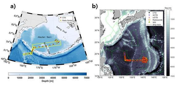 [부산=뉴시스] 베링해(a)와 필리핀 공해상(b)에서 2021년 하계에 수행된 승선 관측 정점도 (그림=KIOST 제공) *재판매 및 DB 금지