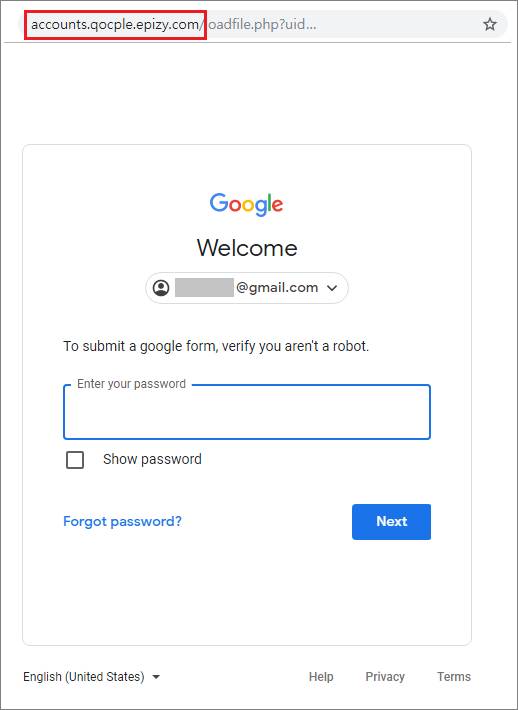 구글 계정 로그인 화면으로 위장된 피싱 화면. 맨 위 화면에 epizy[.]com 도메인 이름을 통해 이 화면이 가짜 사이트임을 알 수 있다. / 사진제공=이스트시큐리티