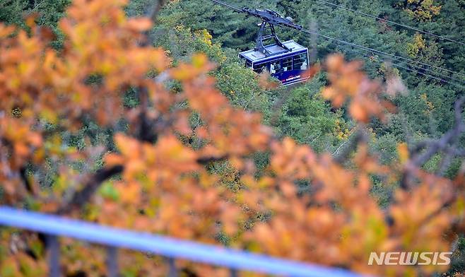 [대구=뉴시스] 이무열 기자 = 완연한 가을날씨를 보인 24일 오후 대구 남구 앞산이 단풍으로 물들어 가고 있다. 2022.10.24.  lmy@newsis.com