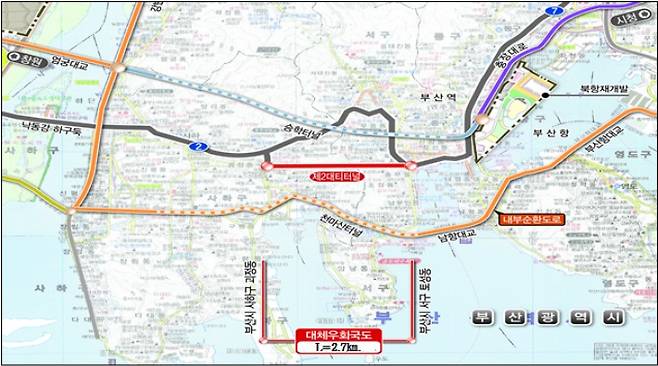 부산시는 서부산 동서간 주요 교통축인 '제2대티터널'이 기획재정부 예비타당성조사 대상사업으로 선정됐다고 밝혔다.  제2대티터널 위치도 부산시 제공