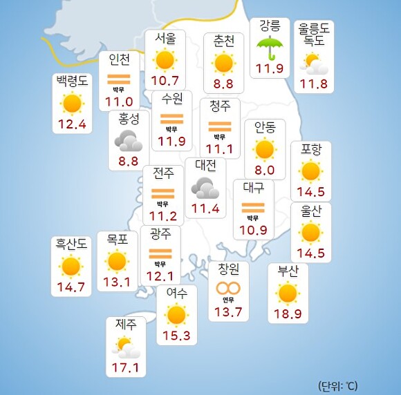 28일 오전 9시 현재 전국 날씨. [사진=기상청 날씨누리]