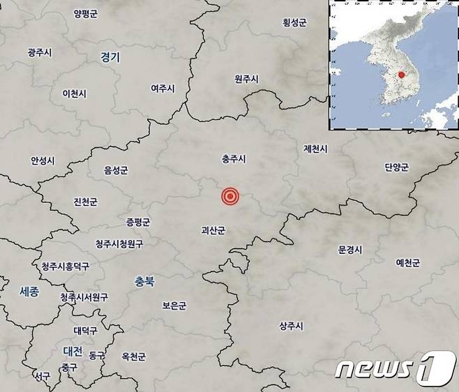 29일 발생한 충북 괴산  북동쪽 12㎞  지진 발생 위치도. (기상청) / 뉴스1