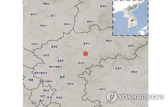 충북 괴산 지진 발생 (서울=연합뉴스) 29일 오전 8시 27분께 충북 괴산군 북동쪽 11㎞ 지점에서 규모 3.5와 규모 4.1 지진이 잇따라 발생했다. 사진은 기상청에서 제공한 지진 발생 위치. 2022.10.29 [기상청 제공. 재판매 및 DB 금지] photo@yna.co.kr