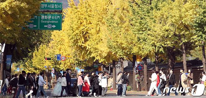 완연한 가을 날씨를 보인 28일 오후 서울 종로구 경복궁 인근에서 시민들과 관광객들이 노랗게 물든 은행나무 가로수 길을 걸으며 가을 분위기를 만끽하고 있다. 2022.10.28/뉴스1 ⓒ News1 김명섭 기자