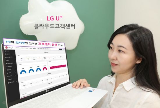 LG유플러스 직원이 ‘U+클라우드고객센터’의 고객센터 현황 모니터링 화면을 소개하는 모습. 사진=LG유플러스