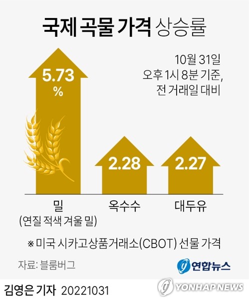 [그래픽] 국제 곡물 가격 상승률 (서울=연합뉴스) 김영은 기자 = 0eun@yna.co.kr
    트위터 @yonhap_graphics  페이스북 tuney.kr/LeYN1