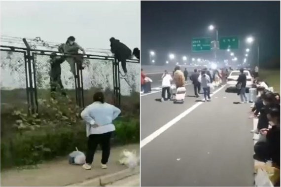 중국 폭스콘 노동자들이 도보로 도주하는 모습(트위터 캡처). /사진=뉴스1