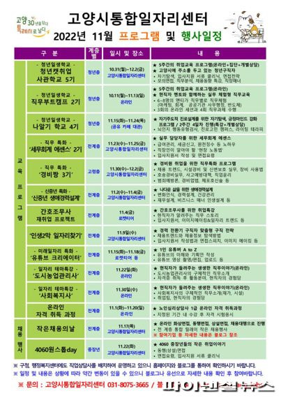 11월 고양시통합일자리센터 프로그램 및 행사일정.사진제공=고양시