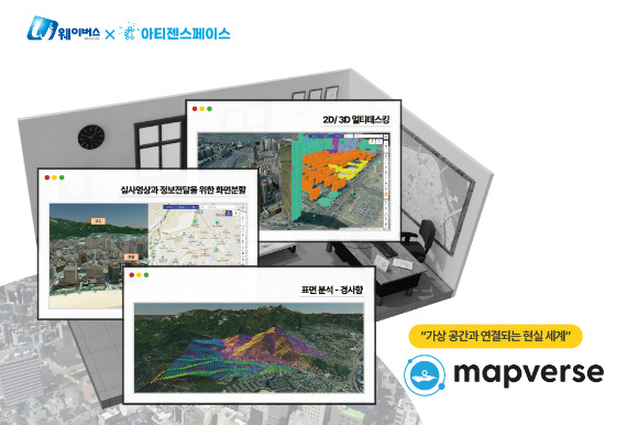 공간정보산업 플랫폼 기업 웨이버스와 가상 공간정보 전문기업 아티젠스페이스가 2일 '2022 스마트국토엑스포'에 협업 부스를 마련하고, 확장현실(XR)을 활용해 실제 공간 데이터를 표출하는 '맵버스(Mapverse)' 개발 계획을 발표했다. [사진=웨이버스]