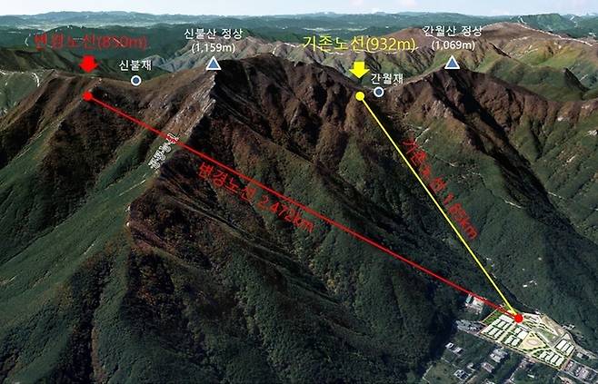 울주군이 지난달 5일 발표한 새로운 영남알프스 케이블카 노선도/울주군 제공