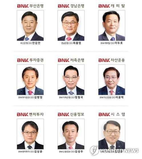 BNK금융그룹 계열사 대표들. BNK금융지주 최고경영자 경영승계 계획에 따르면 차기 회장은 그룹 내부 승계를 원칙으로 하고 있다. <자료=연합뉴스>