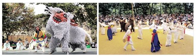 유네스코 세계무형문화유산 등재를 눈앞에 둔 ‘한국의 탈춤’ 중 봉산탈춤(왼쪽 사진)은 약 200년 전부터 매년 단오와 하짓날 밤에 행해진 행사로 다른 탈춤에 비해 춤사위가 활발하고 화려하다. 북청사자놀음(오른쪽 사진)은 사자에게 사악한 것을 물리칠 힘이 있다고 믿어 잡귀를 쫓고 마을의 평안을 비는 행사로 널리 행해졌고 현재는 서울을 중심으로 전승되고 있다.문화재청 제공