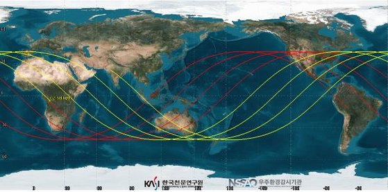 추락 예측 궤도(분석시점: 2022년 11월 3일 오후 4시, 한국시간). 사진 한국천문연구원 우주환경감시기관