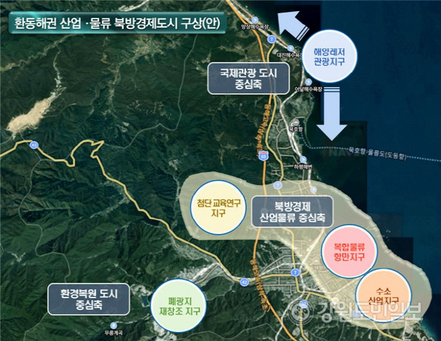 ▲ 동해시가 ‘환동해권 산업·물류 북방경제도시’를 목표로 ‘3중심축 5지구’로 개발하는 발전전략을 수립·추진한다.사진은 환동해권 산업·물류 북방경제도시 구상(안).