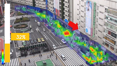 일본 도쿄도 도시마구의  군집(인파 밀집) 행동 해석 시스템. 방재 카메라에 찍힌 인파를 분석해 이케부쿠로역 앞의 밀집도와 사람들의 이동 흐름을 보여준다. 도시마구 홈페이지