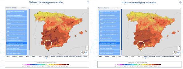 스페인 기상청 에멧(AEMET)에서 확인한 7월(왼쪽)과 8월의 최고기온 평균. 붉을수록 덥다는 뜻인데, 세비야(노란 점선)가 유독 붉은 것을 알 수 있다. 에멧 홈페이지 캡처