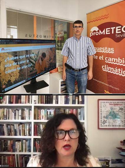 세비야에 닥칠 폭염에 이름을 부여하는 프로젝트를 주도하는 호세 마리아 마틴 올라라 세비야대 물리학 교수가 8월 17일(현지시간) 한국일보와 인터뷰하고 있다(위쪽 사진). 아래 사진은 미국 싱크탱크 대서양위원회 기후복원센터 캐시 바우만 맥레오드 이사가 줌(Zoom)에서 한국일보와 인터뷰하는 모습. 세비야=신은별 특파원