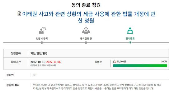 이태원 참사 관련해 국민 세금을 지원금으로 사용하는 것은 부적절하다는 국회 국민동의청원이 등록 일주일 만인 6일 5만명이 동의했다. 사진 국민동의청원 홈페이지 캡처