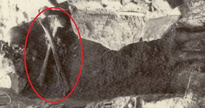 뱀파이어로 의심되는 시신이 관에 묻힌 모습. 대퇴부 뼈가 십자가 모양으로 겹쳐져 있다. (사진=스위스 온라인 학술지 MDPI)