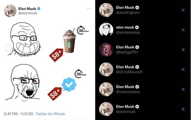 일론 머스크가 자신의 트위터 계정을 통해 "스타벅스 커피 8달러어치는 좋아하면서 푸른 체크 8달러에는 화를 내느냐"는 의미로 그림을 올린 모습(왼쪽 사진)과 일론 머스크를 흉내 낸 푸른 체크 계정들(오른쪽 사진). 트위터 캡처